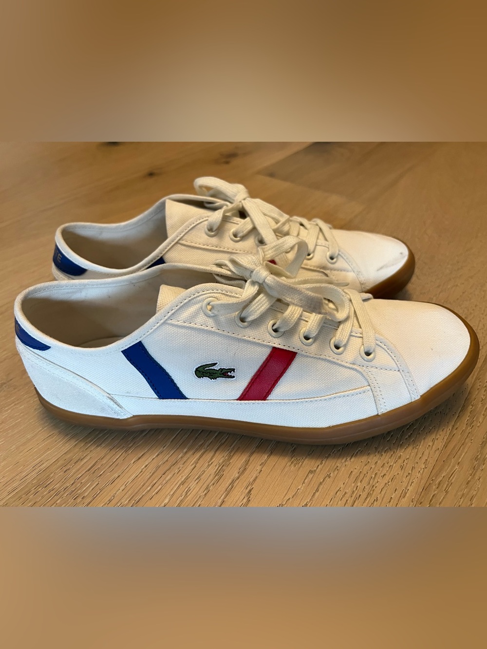 Lacoste White Canvas Sneakers with Blue & Red Stripes